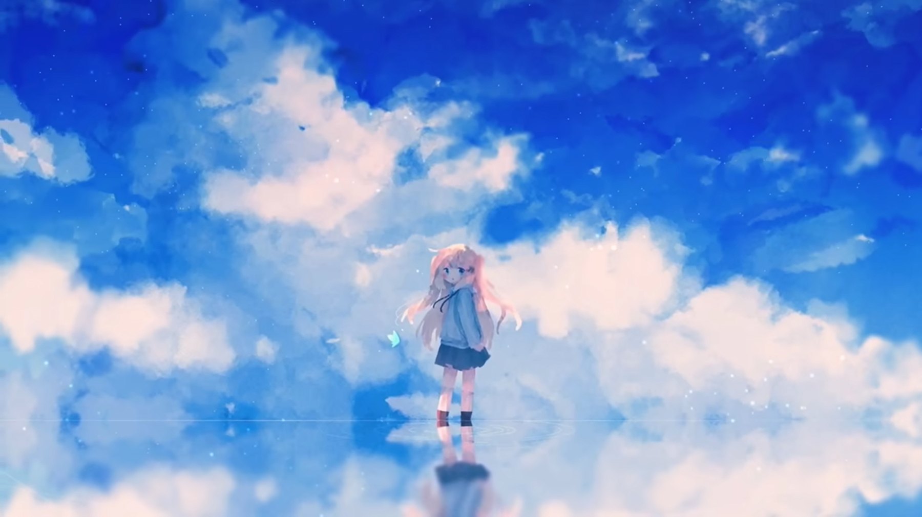 Anime girl with pink hair standing in a bright sea of clouds